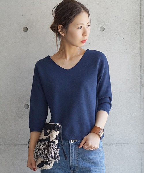 laboratory work（ラボラトリーワーク）の「クールラボミラノリブ Vプルオーバー（ニット/セーター・レディース・ピンク/イエロー/ネイビー/サックスブルー/オフホワイト・MEDIUM）」の3枚目の写真