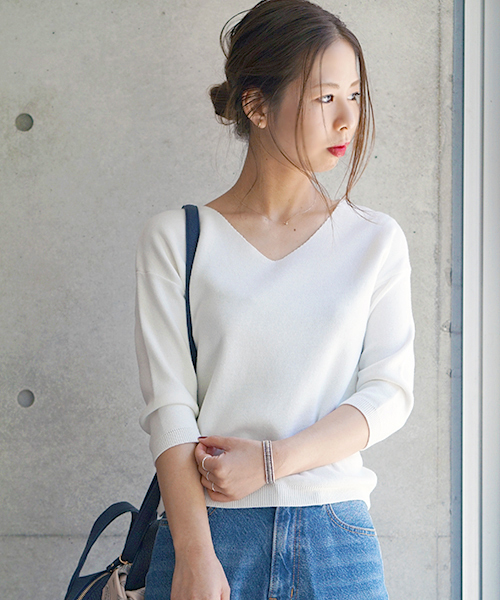 laboratory work（ラボラトリーワーク）の「クールラボミラノリブ Vプルオーバー（ニット/セーター・レディース・ピンク/イエロー/ネイビー/サックスブルー/オフホワイト・MEDIUM）」の2枚目の写真