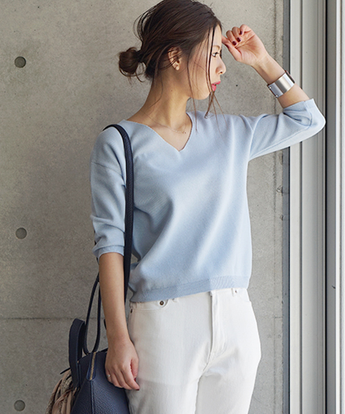 laboratory work（ラボラトリーワーク）の「クールラボミラノリブ Vプルオーバー（ニット/セーター・レディース・ピンク/イエロー/ネイビー/サックスブルー/オフホワイト・MEDIUM）」の4枚目の写真