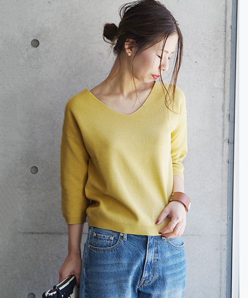 laboratory work（ラボラトリーワーク）の「クールラボミラノリブ Vプルオーバー（ニット/セーター・レディース・ピンク/イエロー/ネイビー/サックスブルー/オフホワイト・MEDIUM）」の5枚目の写真