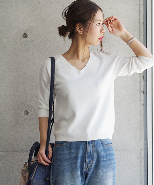 laboratory work（ラボラトリーワーク）の「クールラボミラノリブ Vプルオーバー（ニット/セーター・レディース・ピンク/イエロー/ネイビー/サックスブルー/オフホワイト・MEDIUM）」の19枚目の写真