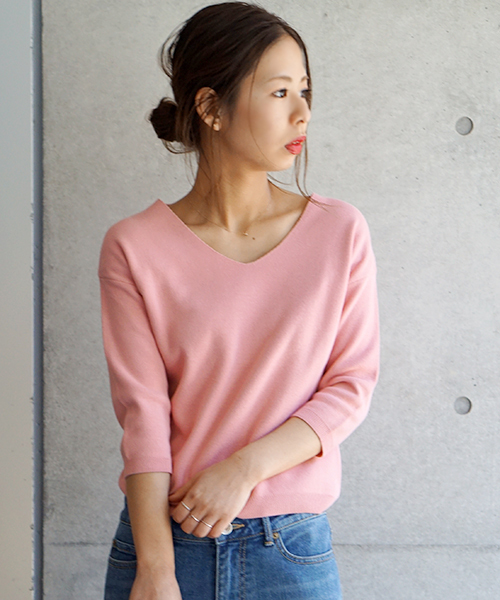 laboratory work（ラボラトリーワーク）の「クールラボミラノリブ Vプルオーバー（ニット/セーター・レディース・ピンク/イエロー/ネイビー/サックスブルー/オフホワイト・MEDIUM）」の12枚目の写真