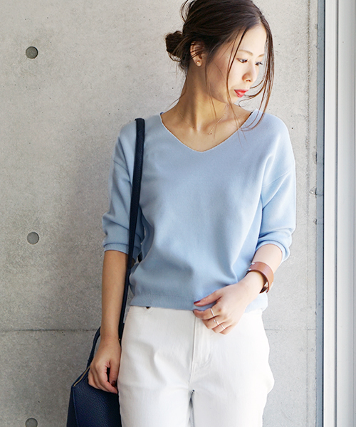 laboratory work（ラボラトリーワーク）の「クールラボミラノリブ Vプルオーバー（ニット/セーター・レディース・ピンク/イエロー/ネイビー/サックスブルー/オフホワイト・MEDIUM）」の13枚目の写真