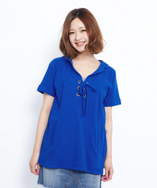 X-girl(エックスガール)の「LACE-UP FRONT TUNIC(Tシャツ/カットソー・レディース・ホワイト/ブラック/ブルー・1/2)」の3枚目の写真