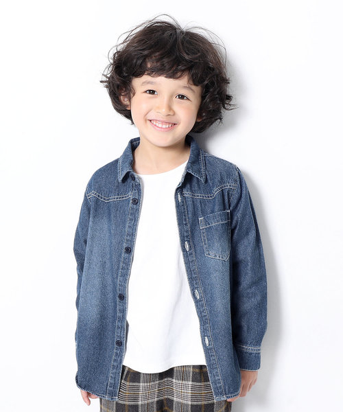 devirock(デビロック)の「デニムシャツ(シャツ/ブラウス・キッズ・ネイビー/サックスブルー・110cm/100cm/120cm/130cm/140cm/150cm/160cm)」の1枚目の写真