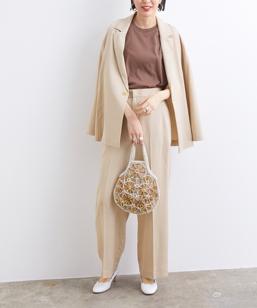 ADAM ET ROPE'（アダムエロペ）の「テンセルフルイドジャケット（ノーカラージャケット・レディース・ベージュ/ライトグリーン・FREE）」の8枚目の写真