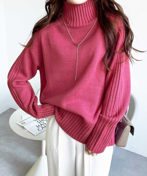 GeeRA（ジーラ）の「サイドリブ切替ハイネックニットトップス（ニット/セーター・レディース・ブルー/ボルドー/オフホワイト/ブラック/ベージュ/ブラウン/パープル/グリーン/ピンク/杢グレー/グレイッシュベージュ・SMALL/X-LARGE/MEDIUM/LARGE/XX-LARGE）」の10枚目の写真