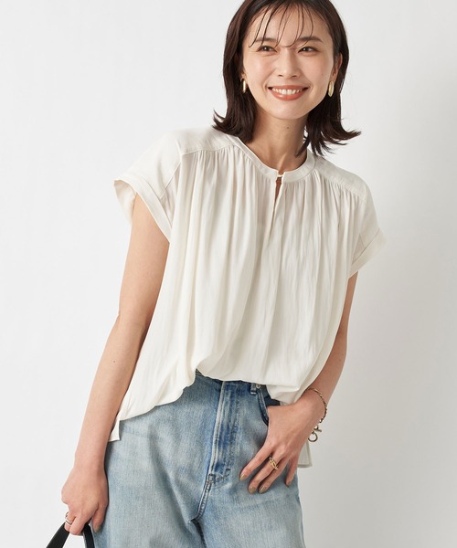 RIVE DROITE（リヴドロワ）の「繊細な女性らしさをプラス　カッセンデシンフレンチブラウス（シャツ/ブラウス・レディース・ネイビー/ダークグリーン/ピンク/オフホワイト/ミント/ブラック/ライトベージュ・FREE）」の8枚目の写真