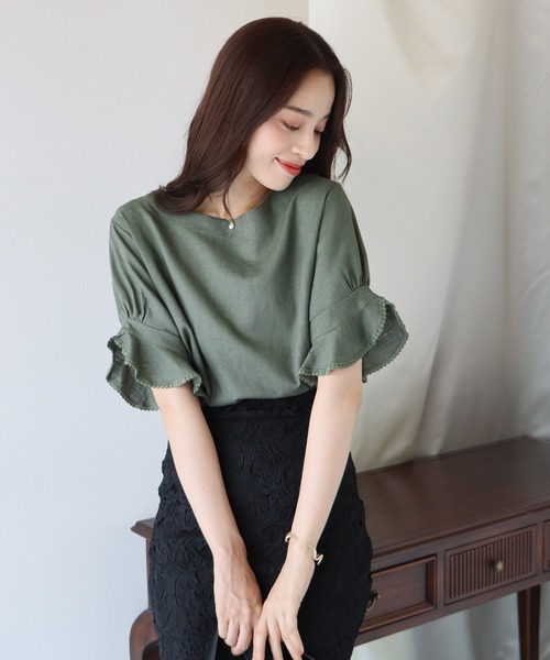 BLUEEAST（ブルーイースト）の「フリル袖リネンブラウス（シャツ/ブラウス・レディース・ネイビー/ブルー/アイボリー/レッド/ベージュ/パープル/グリーン/カーキ/ブラウン/オレンジ/ミント・MEDIUM）」の5枚目の写真