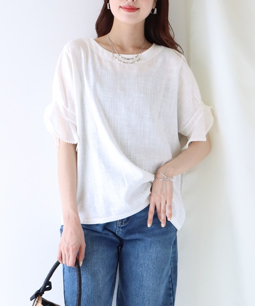 BLUEEAST（ブルーイースト）の「フリル袖リネンブラウス（シャツ/ブラウス・レディース・ネイビー/ブルー/アイボリー/レッド/ベージュ/パープル/グリーン/カーキ/ブラウン/オレンジ/ミント・MEDIUM）」の15枚目の写真