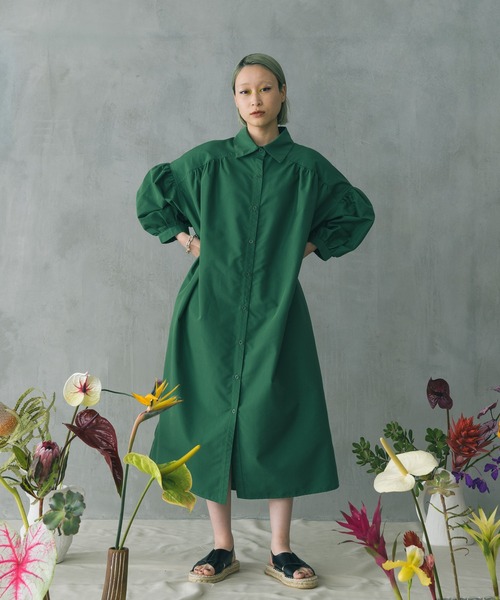 manana suerte（マニャーナスエルテ）の「ギャザーシャツワンピース（シャツワンピース・レディース・ブラック/グリーン/ホワイト・FREE）」の13枚目の写真