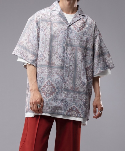 kutir（クティール）の「【セットアップ着用可】ペイズリー柄開襟シャツ（シャツ/ブラウス・メンズ・ライトグレー/ダークブラウン/ネイビー/サックスブルー・MEDIUM/LARGE）」の2枚目の写真
