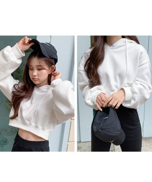 muahmuah(ムーアムーア)の「A'GEM/9 × .kom『muah muah/ムーアムーア』MUAH POINT CROP HOODIE/ワンポイント クロップド丈プルオーバーパーカー(パーカー・レディース・アイボリー/グレー/ブラック・FREE)」の13枚目の写真