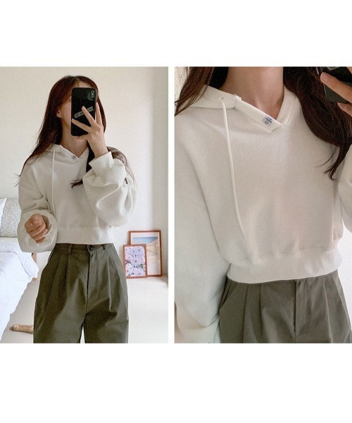 muahmuah(ムーアムーア)の「A'GEM/9 × .kom『muah muah/ムーアムーア』MUAH POINT CROP HOODIE/ワンポイント クロップド丈プルオーバーパーカー(パーカー・レディース・アイボリー/グレー/ブラック・FREE)」の10枚目の写真