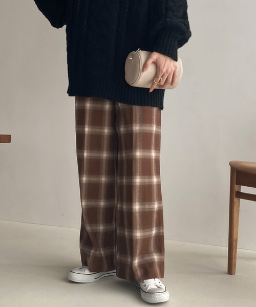 ご購入者様決定꒰merlot plus꒱ハイウエストドット柄チェック柄 ワイドパンツ 夢可愛い REAL STYLE ワイドパンツ レディース 夏 ブロックチェック柄 ウエスト