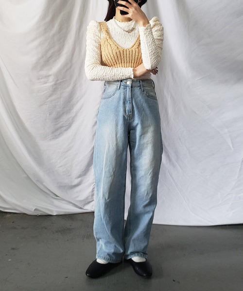 me+em select（ミームセレクト）の「【2点セットアイテム】シャーリングパフブラウス＋ローゲージニットビスチェ　SET（Tシャツ/カットソー・レディース・パープル/オリーブ/ブルー/マスタード/モカ・FREE）」の5枚目の写真