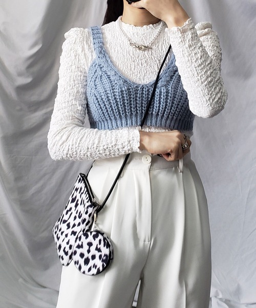 me+em select（ミームセレクト）の「【2点セットアイテム】シャーリングパフブラウス＋ローゲージニットビスチェ　SET（Tシャツ/カットソー・レディース・パープル/オリーブ/ブルー/マスタード/モカ・FREE）」の6枚目の写真