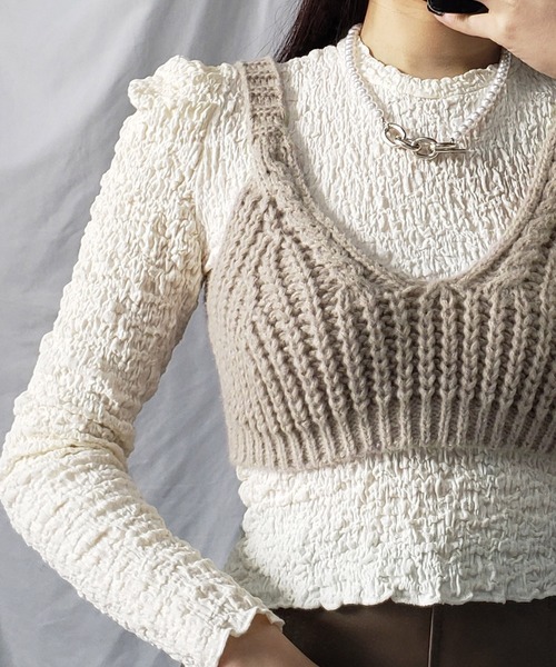 me+em select（ミームセレクト）の「【2点セットアイテム】シャーリングパフブラウス＋ローゲージニットビスチェ　SET（Tシャツ/カットソー・レディース・パープル/オリーブ/ブルー/マスタード/モカ・FREE）」の12枚目の写真