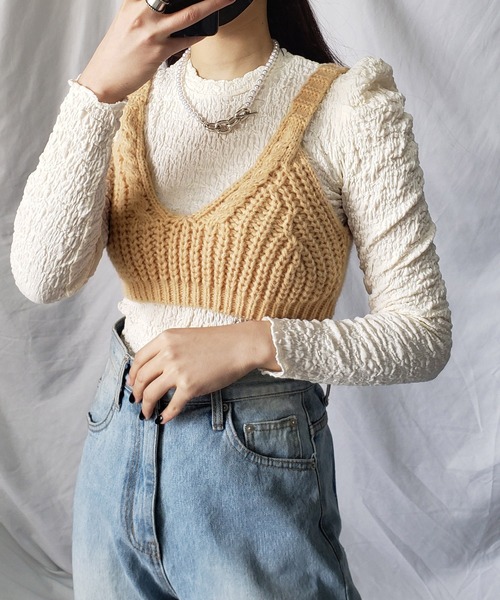 me+em select（ミームセレクト）の「【2点セットアイテム】シャーリングパフブラウス＋ローゲージニットビスチェ　SET（Tシャツ/カットソー・レディース・パープル/オリーブ/ブルー/マスタード/モカ・FREE）」の16枚目の写真