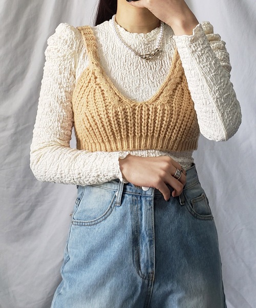 me+em select（ミームセレクト）の「【2点セットアイテム】シャーリングパフブラウス＋ローゲージニットビスチェ　SET（Tシャツ/カットソー・レディース・パープル/オリーブ/ブルー/マスタード/モカ・FREE）」の8枚目の写真