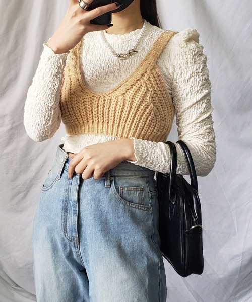 me+em select（ミームセレクト）の「【2点セットアイテム】シャーリングパフブラウス＋ローゲージニットビスチェ　SET（Tシャツ/カットソー・レディース・パープル/オリーブ/ブルー/マスタード/モカ・FREE）」の21枚目の写真