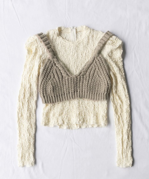 me+em select（ミームセレクト）の「【2点セットアイテム】シャーリングパフブラウス＋ローゲージニットビスチェ　SET（Tシャツ/カットソー・レディース・パープル/オリーブ/ブルー/マスタード/モカ・FREE）」の9枚目の写真