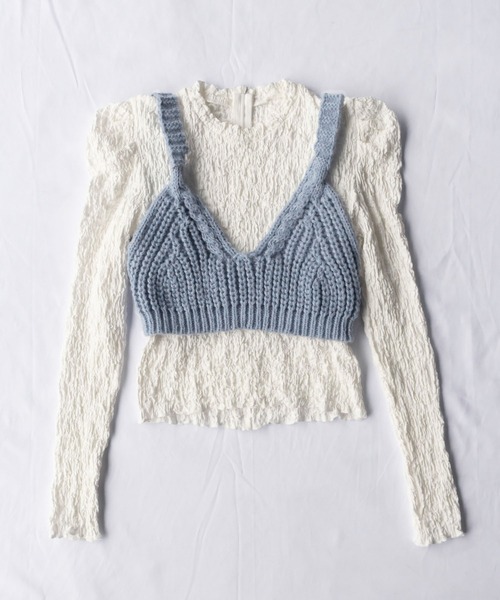 me+em select（ミームセレクト）の「【2点セットアイテム】シャーリングパフブラウス＋ローゲージニットビスチェ　SET（Tシャツ/カットソー・レディース・パープル/オリーブ/ブルー/マスタード/モカ・FREE）」の13枚目の写真