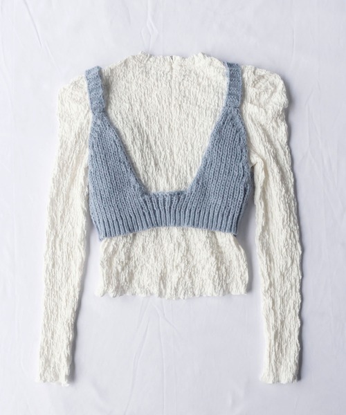 me+em select（ミームセレクト）の「【2点セットアイテム】シャーリングパフブラウス＋ローゲージニットビスチェ　SET（Tシャツ/カットソー・レディース・パープル/オリーブ/ブルー/マスタード/モカ・FREE）」の22枚目の写真