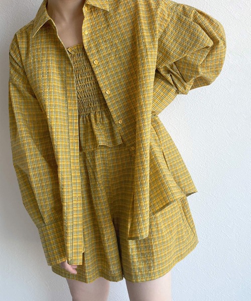 w closet（ダブルクローゼット）の「【SETUP対応】先染めチェックシャツはおり（シャツ/ブラウス・レディース・イエロー/グリーン・FREE）」の2枚目の写真