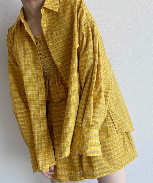 w closet（ダブルクローゼット）の「【SETUP対応】先染めチェックシャツはおり（シャツ/ブラウス・レディース・イエロー/グリーン・FREE）」の4枚目の写真