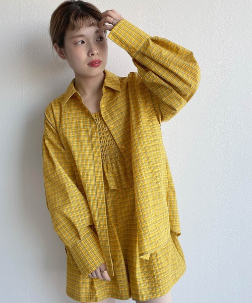 w closet（ダブルクローゼット）の「【SETUP対応】先染めチェックシャツはおり（シャツ/ブラウス・レディース・イエロー/グリーン・FREE）」の8枚目の写真