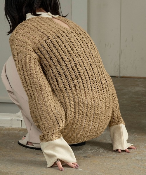 lawgy（ラウジー）の「mesh knit docking tops（ニット/セーター・レディース・ベージュ/アイボリー・FREE）」の8枚目の写真