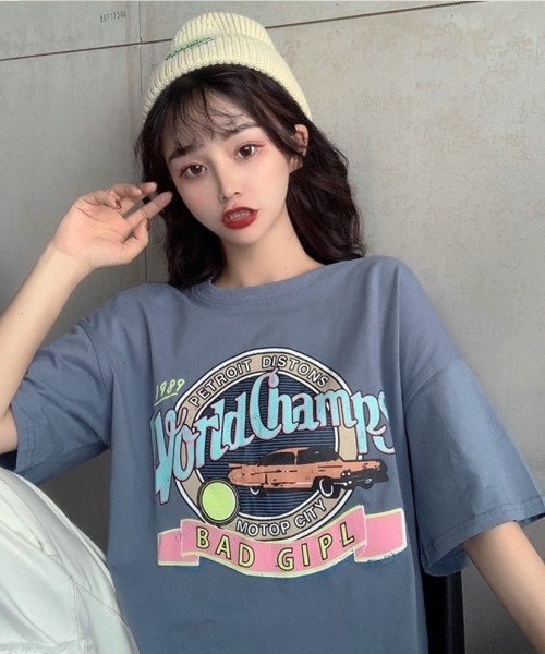 BASQUE magenta（バスクマゼンタ）の「ヴィンテージデザインプリントビッグシルエットTシャツ（Tシャツ/カットソー・レディース・ホワイト/ブラック/パープル/ブルー/ホワイト系・FREE）」の16枚目の写真