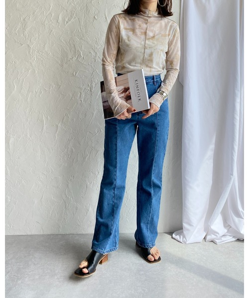 She's Closet（シーズクローゼット）の「総柄ニュアンス柄前後2way配色ラインメロウフリルハイネック長袖シアートップス（Tシャツ/カットソー・レディース・ベージュ/グレー/イエロー/ラベンダー/グリーン/ライトベージュ/ブルー/グレー系その他/オレンジ・FREE）」の19枚目の写真