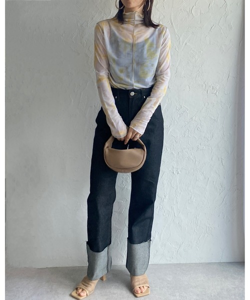 She's Closet（シーズクローゼット）の「総柄ニュアンス柄前後2way配色ラインメロウフリルハイネック長袖シアートップス（Tシャツ/カットソー・レディース・ベージュ/グレー/イエロー/ラベンダー/グリーン/ライトベージュ/ブルー/グレー系その他/オレンジ・FREE）」の21枚目の写真