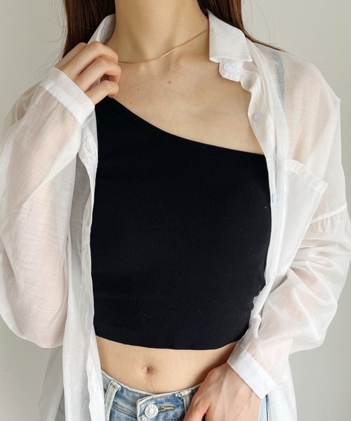 CLEA(クレア)の「カップ付アシメクロップタンクキャミ(タンクトップ・レディース・ホワイト/チャコールグレー/ブラック/ベージュ・FREE)」の10枚目の写真