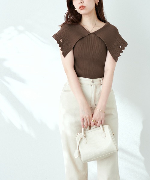 natural couture(ナチュラルクチュール)の「WEB限定カラー有り/刺繍衿強撚リブニット(ニット/セーター・レディース・ブラック/ブラウン/オフホワイト/オレンジ/グリーン・FREE)」の18枚目の写真