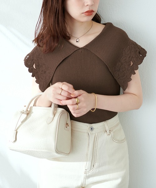 natural couture(ナチュラルクチュール)の「WEB限定カラー有り/刺繍衿強撚リブニット(ニット/セーター・レディース・ブラック/ブラウン/オフホワイト/オレンジ/グリーン・FREE)」の16枚目の写真