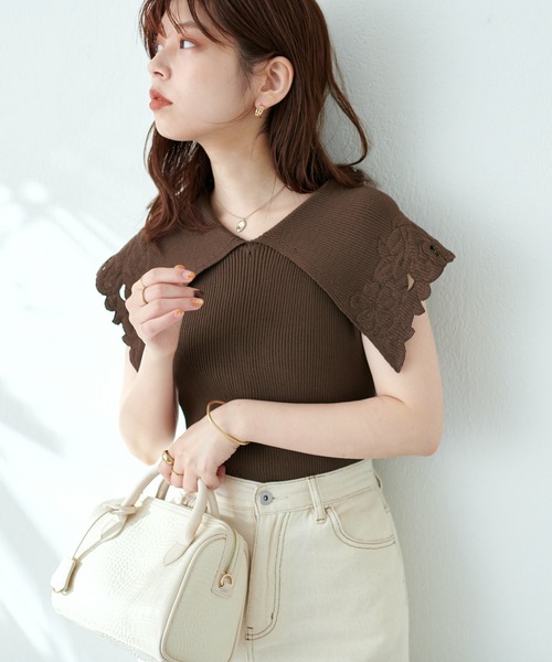 natural couture(ナチュラルクチュール)の「WEB限定カラー有り/刺繍衿強撚リブニット(ニット/セーター・レディース・ブラック/ブラウン/オフホワイト/オレンジ/グリーン・FREE)」の17枚目の写真