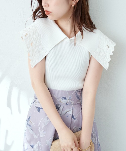 natural couture(ナチュラルクチュール)の「WEB限定カラー有り/刺繍衿強撚リブニット(ニット/セーター・レディース・ブラック/ブラウン/オフホワイト/オレンジ/グリーン・FREE)」の7枚目の写真