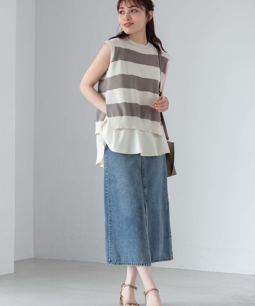 Edit Sheen（エディットシーン）の「ぺプラムインナーブラウス付きボーダーノースリニット（ニット/セーター・レディース・グレー/ブラック・M）」の7枚目の写真