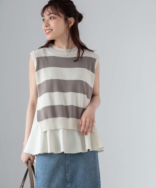 Edit Sheen（エディットシーン）の「ぺプラムインナーブラウス付きボーダーノースリニット（ニット/セーター・レディース・グレー/ブラック・M）」の3枚目の写真