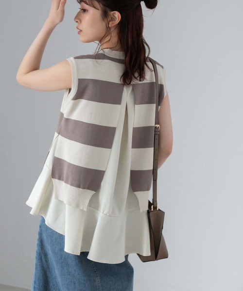 Edit Sheen（エディットシーン）の「ぺプラムインナーブラウス付きボーダーノースリニット（ニット/セーター・レディース・グレー/ブラック・M）」の6枚目の写真