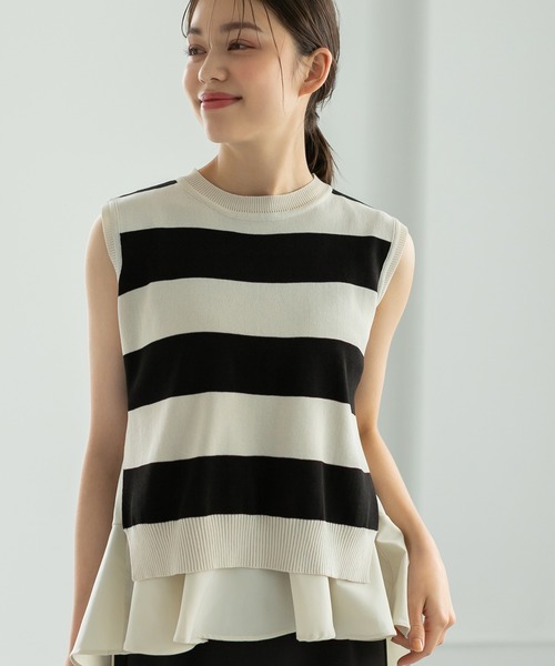 Edit Sheen（エディットシーン）の「ぺプラムインナーブラウス付きボーダーノースリニット（ニット/セーター・レディース・グレー/ブラック・M）」の13枚目の写真