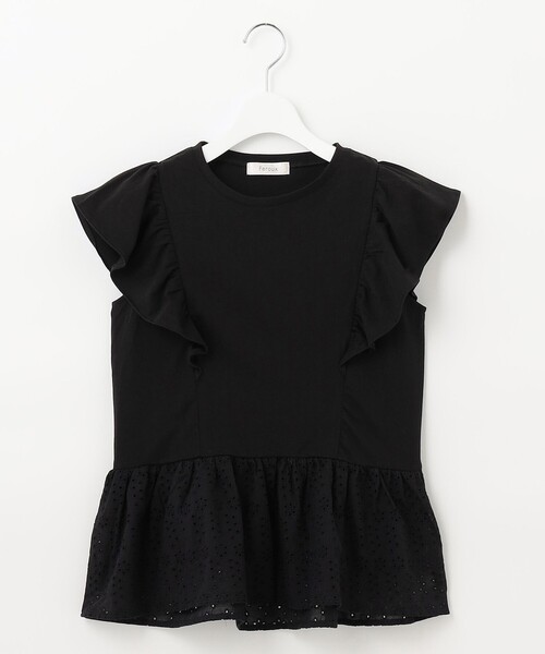 Feroux(フェルゥ)の「【接触冷感・UVケア】カットワークペプラム カットソー(Tシャツ/カットソー・レディース・ブラック系/ライトグリーン系/ピンク系/ライトオレンジ系・F)」の2枚目の写真