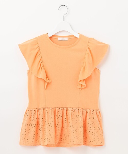 Feroux(フェルゥ)の「【接触冷感・UVケア】カットワークペプラム カットソー(Tシャツ/カットソー・レディース・ブラック系/ライトグリーン系/ピンク系/ライトオレンジ系・F)」の1枚目の写真