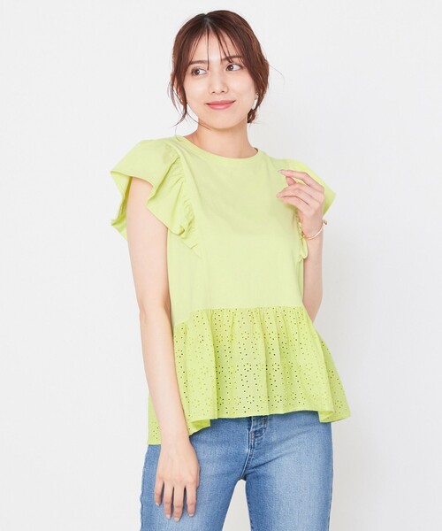 Feroux(フェルゥ)の「【接触冷感・UVケア】カットワークペプラム カットソー(Tシャツ/カットソー・レディース・ブラック系/ライトグリーン系/ピンク系/ライトオレンジ系・F)」の5枚目の写真