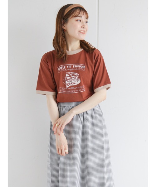 ehka sopo（エヘカソポ）の「パイプリントリンガーTシャツ（Tシャツ/カットソー・レディース・ピンク/オフホワイト/キナリ/ブラウン・ﾌﾘ-）」の4枚目の写真