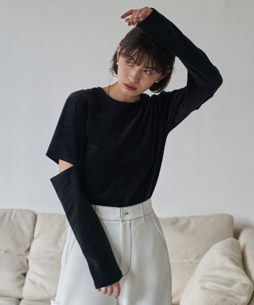 VACANCY(ヴァカンシー)の「カットオフベロアトップス(Tシャツ/カットソー・レディース・ライトグレー/ブラック/オレンジ/ブルー/ダークブルー・FREE)」の6枚目の写真