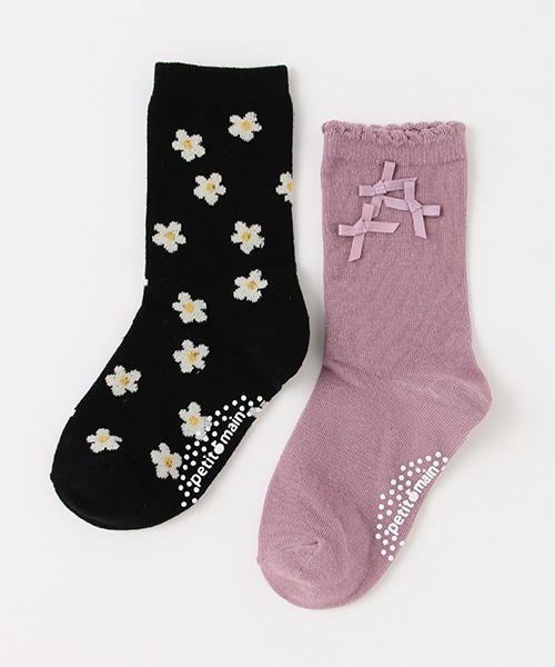 petit main（プティマイン）の「リボン/花柄2Pソックス（ソックス/靴下・キッズ・ブラック/オフホワイト/ラベンダー・SS/L/M/S）」の3枚目の写真